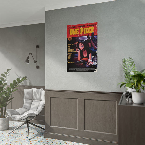 Vintage Anime Poster, Pulp Fiction x One Piece Iconic Movie Cover Crossover Art Print, Pop Culture Wall Decor, Movie Fan Gift, Home Theater