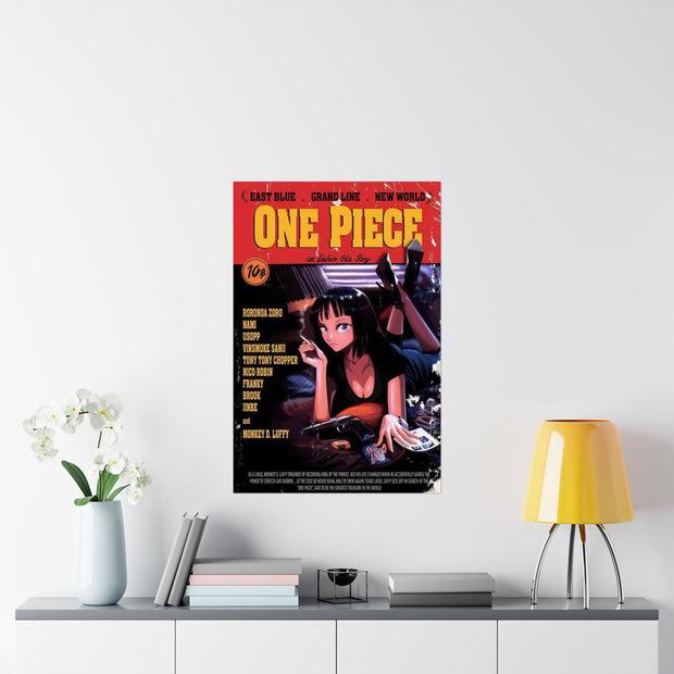 Vintage Anime Poster, Pulp Fiction x One Piece Iconic Movie Cover Crossover Art Print, Pop Culture Wall Decor, Movie Fan Gift, Home Theater