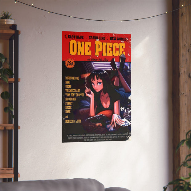 Vintage Anime Poster, Pulp Fiction x One Piece Iconic Movie Cover Crossover Art Print, Pop Culture Wall Decor, Movie Fan Gift, Home Theater