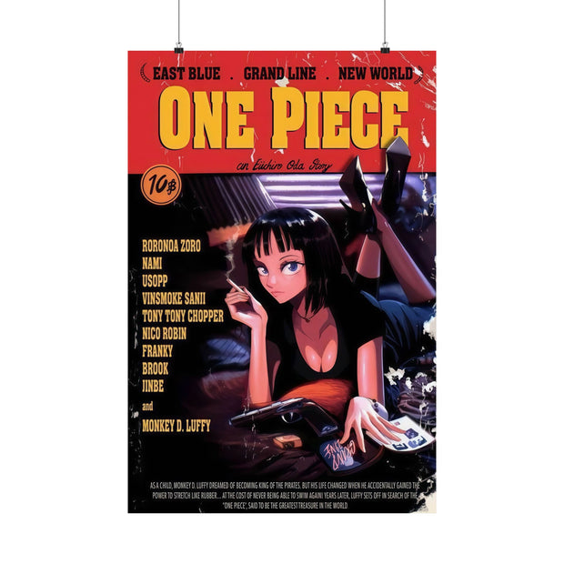 Vintage Anime Poster, Pulp Fiction x One Piece Iconic Movie Cover Crossover Art Print, Pop Culture Wall Decor, Movie Fan Gift, Home Theater