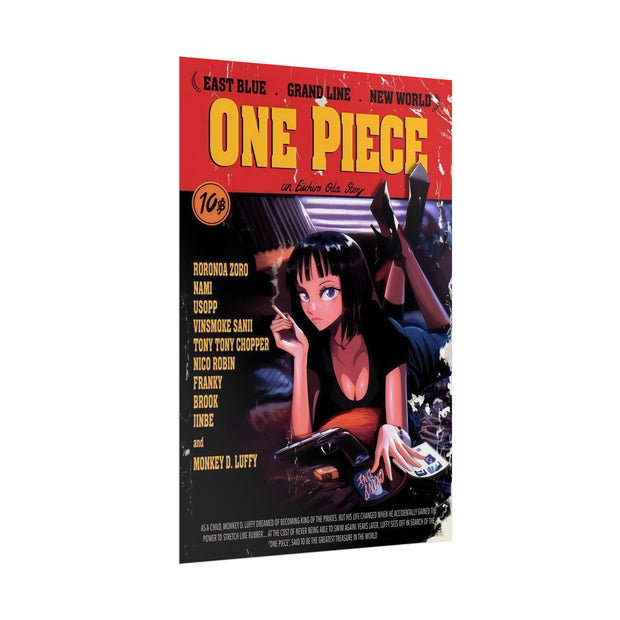 Vintage Anime Poster, Pulp Fiction x One Piece Iconic Movie Cover Crossover Art Print, Pop Culture Wall Decor, Movie Fan Gift, Home Theater