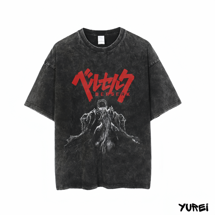 BERSERK Guts Eclipse Warrior Tee Washed Black Anime Graphic T-Shirt Dark Fantasy Streetwear Manga-Inspired Apparel Vintage Gothic Look