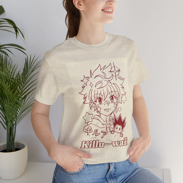 KILLU-WAII Killua Y2K Graphic Tee White Anime T-Shirt Retro Manga-Inspired Apparel Stylish Casual Outfit Collectible Fan Merchandise Y2K Aesthetic Streetwear Iconic Killua Design